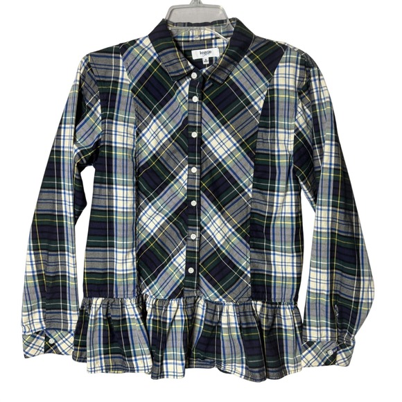 Kensie Tops - Kensie Jeans Peplum Women's Small Blue Green Plaid Button Down Shirt Cotton